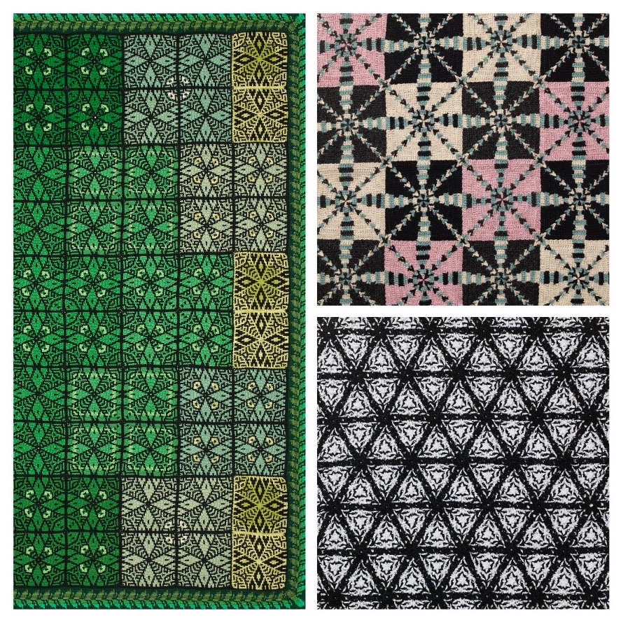 Tre olika geometriska mönster, ett i grönt, ett i svart och rosa, och ett i svartvitt, visas sida vid sida.