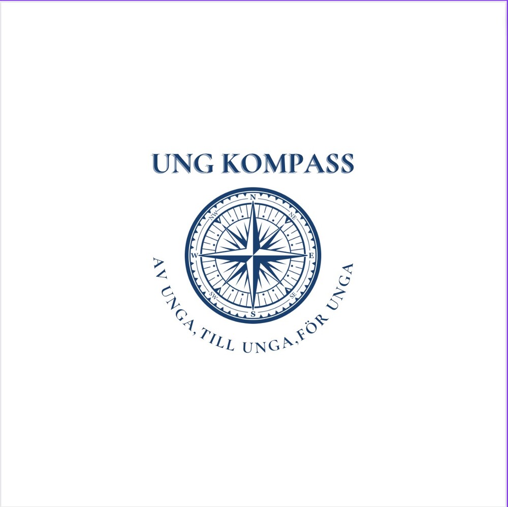 Logotyp med texten 'UNG KOMPASS' och en kompassros, samt texten 'AV UNGA, TILL UNGA, FÖR UNGA' runt kompassen.