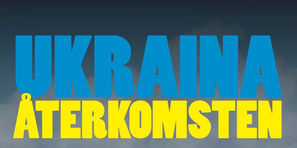 Bokomslag med titeln 'Ukraina återkomsten', en bil står på en äng med fält och himmel i bakgrunden.