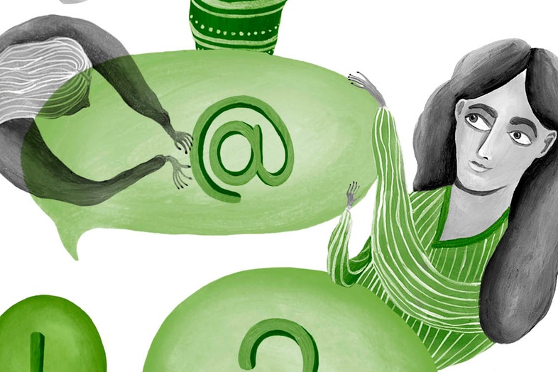 Illustration av personer och pratbubblor med symboler som hashtag, snabel-a, utropstecken och frågetecken i gröna nyanser.