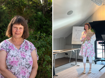 Två bilder: en kvinna i blommig klänning utomhus och samma kvinna inomhus med blommor vid en presentation.