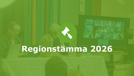 Möte med personer vid ett bord och deltagare på skärm, texten 'Regionstämma 2026' syns.