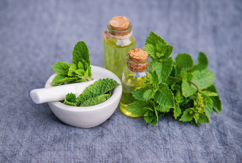 Färska myntablad, två små flaskor med olja och en mortel på ett grått tygunderlag.