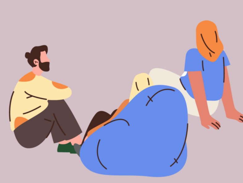 Illustration av tre personer som sitter och pratar på golvet och en blå sittsäck.