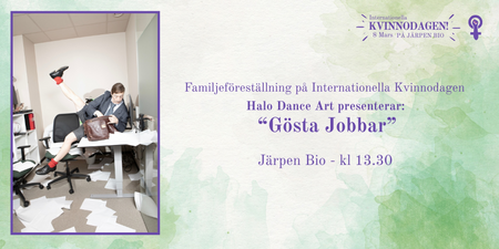 Affisch för familjeföreställning på Internationella Kvinnodagen med text och bild av person som ramlar på kontor.