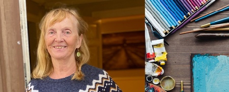 Tvådelad bild: till vänster en leende kvinna i blå tröja, till höger en hand som målar på en duk med pensel och färgpalett.