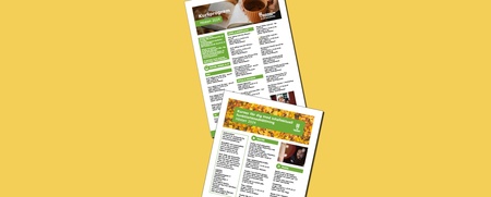 Två informationsblad med text och bilder på gul bakgrund, delvis överlappande.