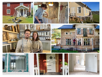 Kollage med renovering av gamla trähus, verktyg, färg, fönster och ljusa interiörer.