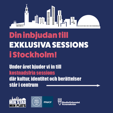 Inbjudan till kostnadsfria kultursessioner i Stockholm med fokus på kultur, identitet och berättelser. Illustration av stadssilhuett.