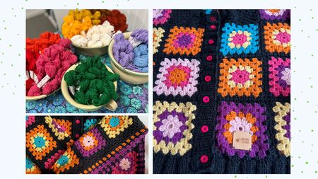 Färgglada garnnystan i skålar och virkade rutor i olika färger på ett plagg.