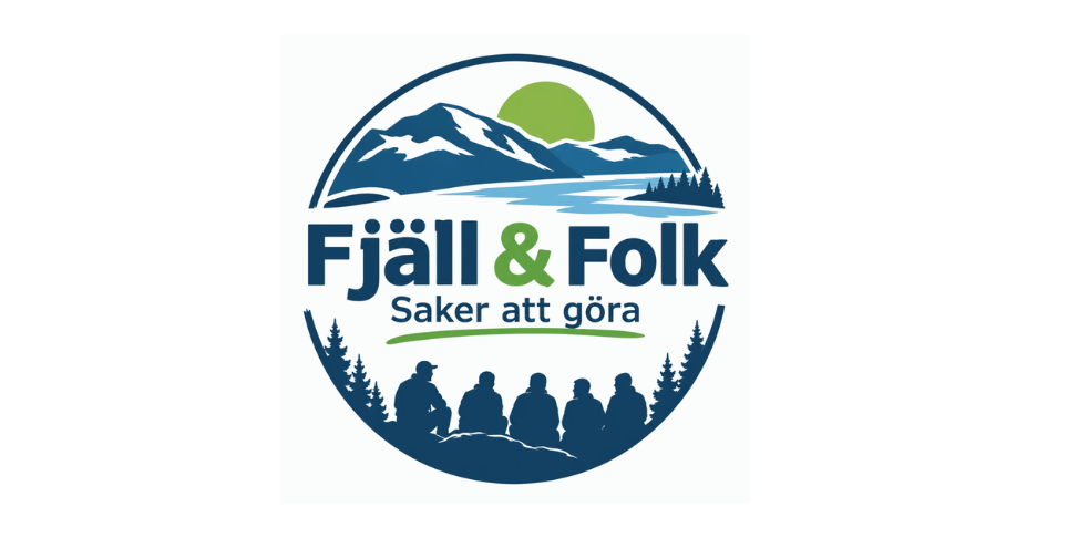 Logotyp med texten 'Fjäll &amp; Folk Saker att göra', siluetter av fem personer, fjäll, skog och sol i bakgrunden.