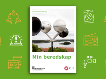 Framsidan av studiematerialet Min beredskap ligger i mitten, runt är illustrationer med olika saker kopplade till beredskap och kriser, exempelvis vattenbrist, elavbrott med mera. Även positiva ikoner som två illustrerade personer som gör highfive, och andra som håller hand i ring. 