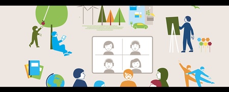 Illustration av barn och vuxna som lär sig och leker utomhus och digitalt, med färgglada figurer och objekt.