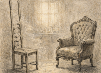 Två stolar, en med ovanligt hög rygg och en stoppad fåtölj, står i ett gammaldags rum med fönster i bakgrunden.