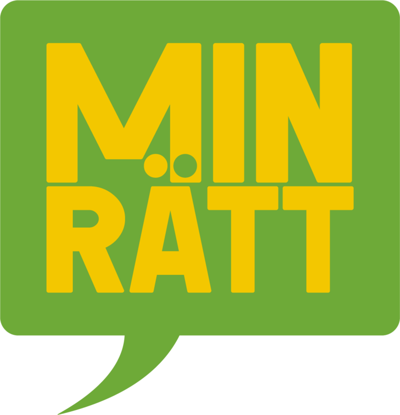 Grön pratbubbla med gul texten 'MIN RÄTT' i versaler.
