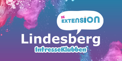 Färgglad bakgrund med texten 'IK Extension Lindesberg IntresseKlubben' i olika stilar.