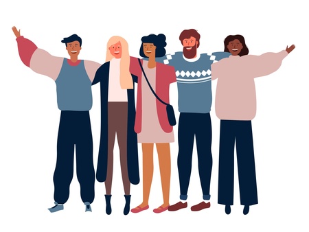 Fem personer står tillsammans med armarna runt varandra och ler, tecknad stil.