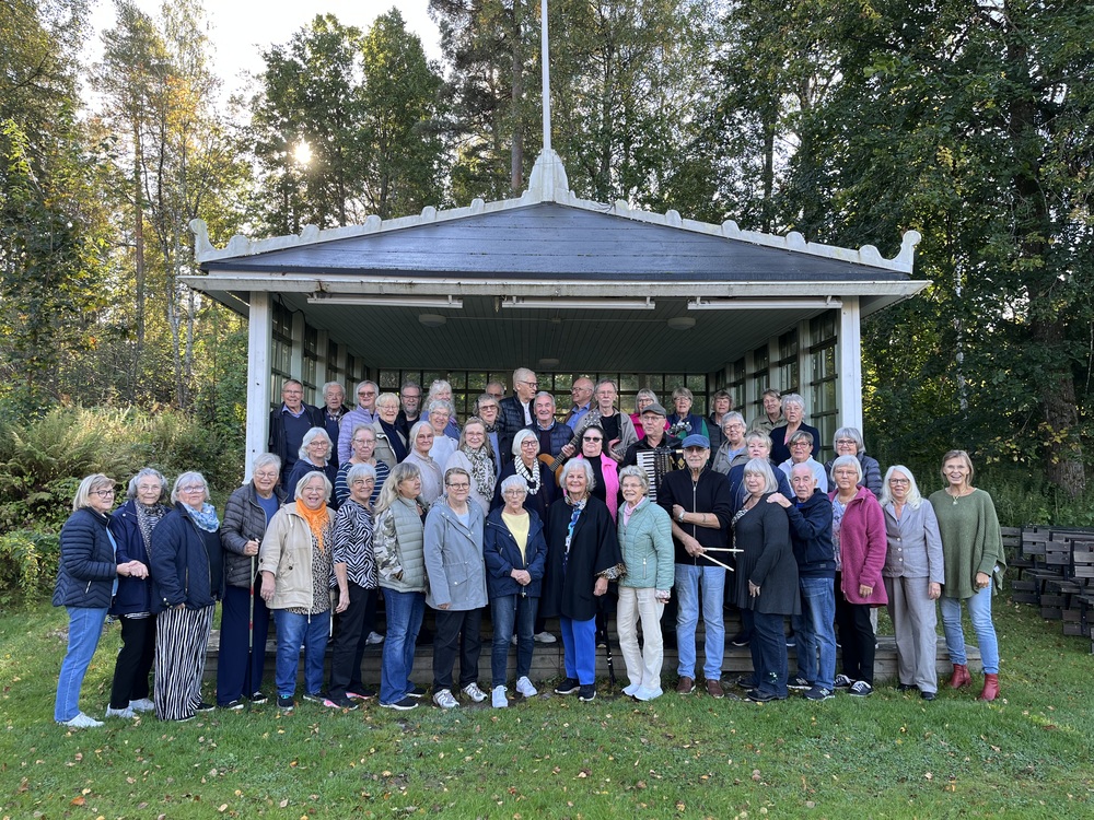 En stor grupp människor står utomhus framför en liten scen i en grönskande park.
