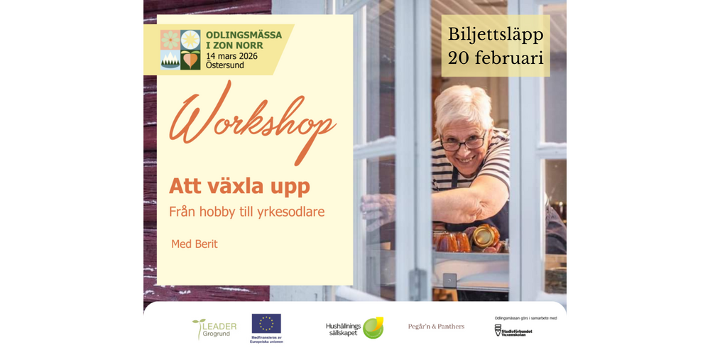 Affisch för workshop om att växla upp från hobby till yrkesodlare, med äldre kvinna vid köksbord.