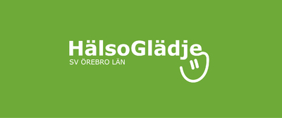 Grön bakgrund med vit text 'HälsoGlädje SV Örebro län' och en glad smiley-symbol.