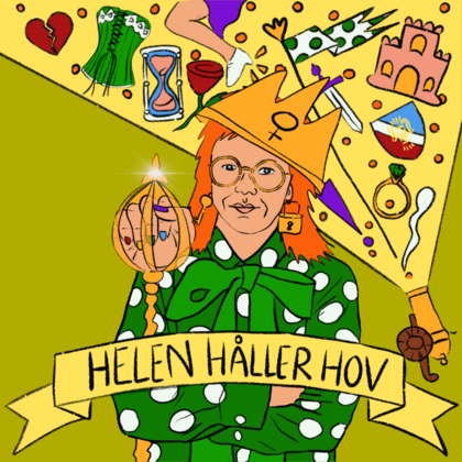 Tecknad person med krona och spira, omgiven av färgglada symboler och texten 'Helen håller hov'.