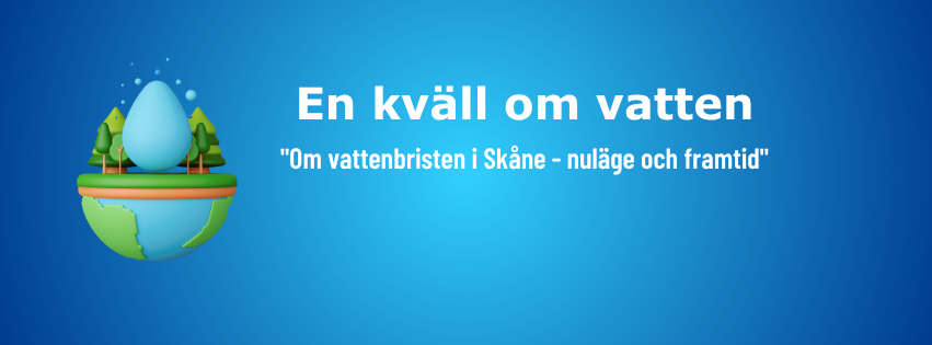Blå bakgrund med text om ett evenemang om vattenbrist i Skåne och en illustration av en vattendroppe på jordklotet med träd.