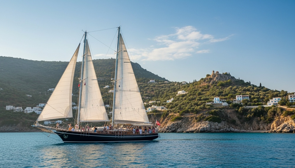 AI bild av segelbåt med två master seglar nära en kust med gröna kullar och vita hus under en klarblå himmel.