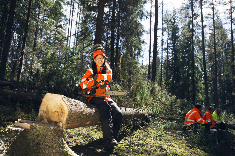 En person i orange skyddskläder sitter på en fälld trädstam i en skog med en motorsåg i händerna.