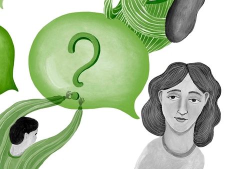 Illustration av personer och pratbubblor med symboler som hashtag, snabel-a, utropstecken och frågetecken i gröna nyanser.