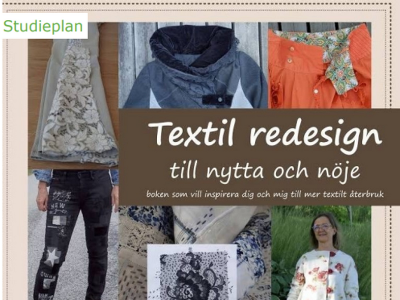 Omslag till boken 'Textil redesign till nytta och nöje' med bilder på kläder, textilier och en röd dalahäst.
