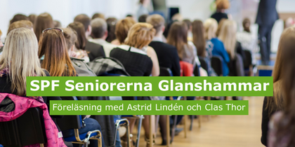 Publik sitter i en sal och lyssnar på en föreläsning arrangerad av SPF Seniorerna Glanshammar.