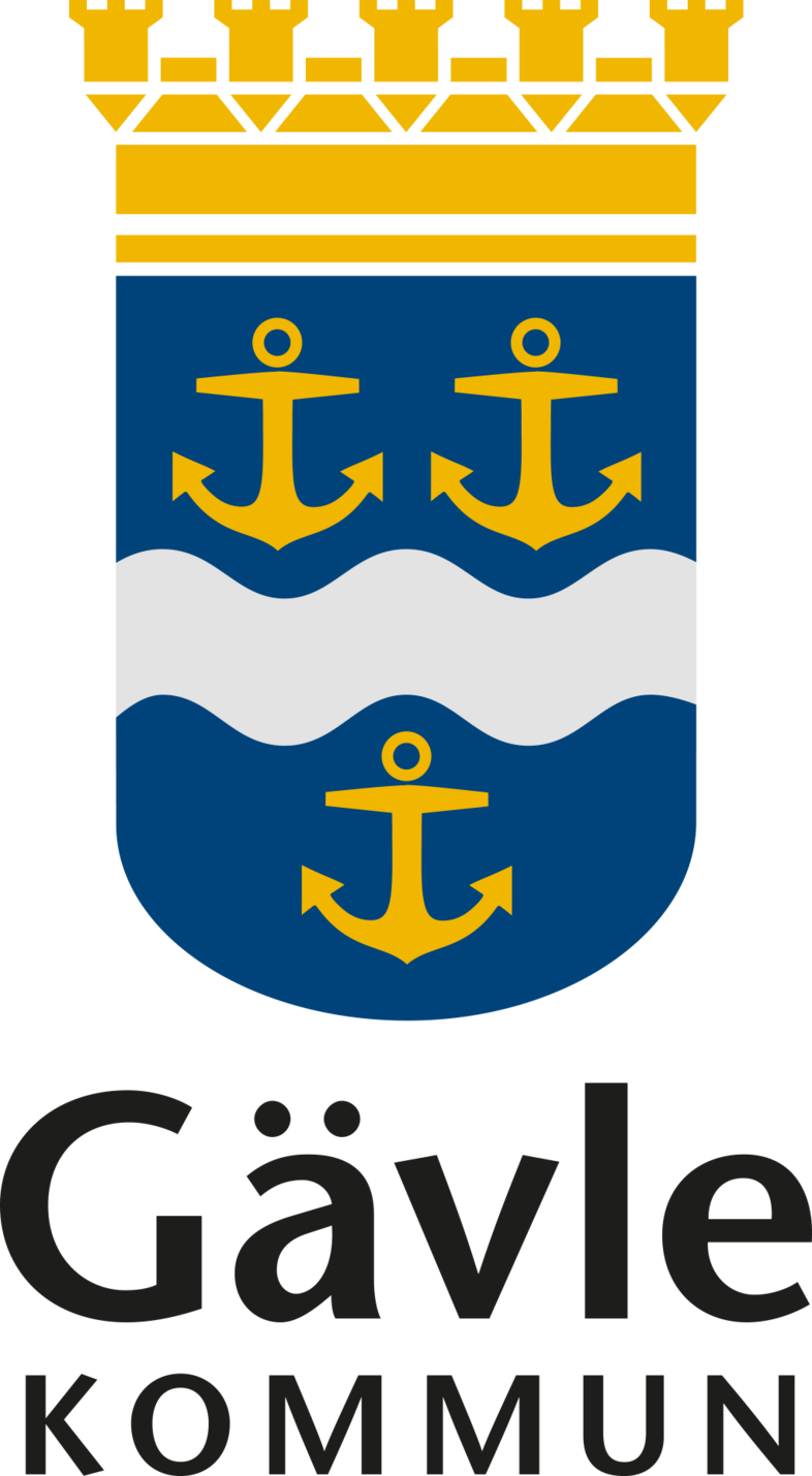 Gävle kommuns vapen med tre gula ankare, vågigt vitt band och gul krona ovanför, samt texten Gävle Kommun.