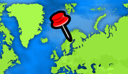 Illustrerad världskarta med en röd nål placerad över norra Europa.