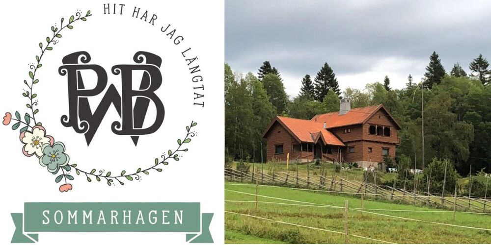 Logotyp med texten 'Hit har jag längtat' och 'Sommarhagen' samt en bild på ett rött trähus i grönskande landskap.