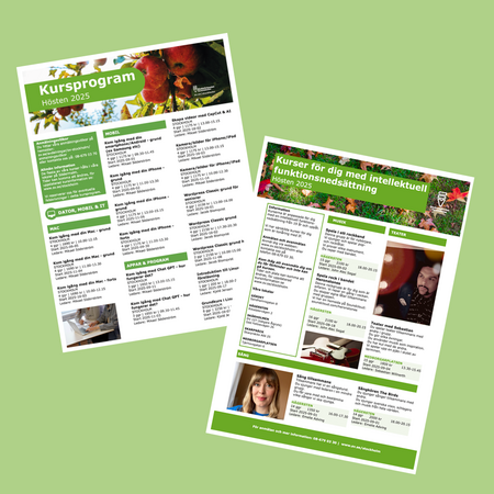 Två informationsblad om kursprogram på grönt underlag, med text, bilder och kursinformation.