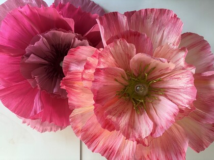 Två stora, färgglada pappersblommor i rosa och rött mot en ljus bakgrund.
