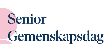 Texten 'Senior Gemenskapsdag' i blått på vit bakgrund med rosa cirkelformer till vänster.
