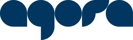 Logotyp med ordet 'agora' i mörkblå, stiliserad och geometrisk text mot vit bakgrund.