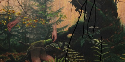 Målning av en skog med träd, ormbunkar och två mänskliga armar och ben som smälter in i naturen.