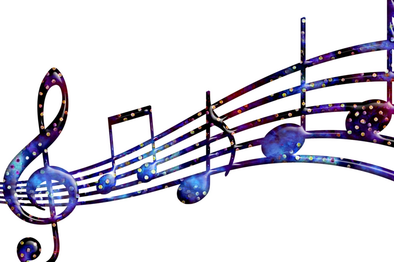 Färgglada noter och en klav på en notrad mot vit bakgrund, med galaxmönster.