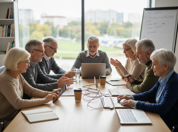 En grupp äldre personer sitter runt ett konferensbord och har ett möte med laptops och anteckningsblock.
