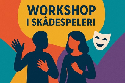 Illustration av två personer utan ansikten, en teatermask och texten 'Workshop i skådespeleri' på färgglad bakgrund.