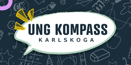 Logotyp med texten 'UNG KOMPASS KARLSKOGA' i en pratbubbla mot en bakgrund med skolrelaterade ikoner.
