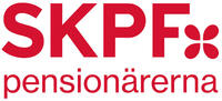 Logotyp för SKPF Pensionärerna i röd text med en blomliknande symbol.
