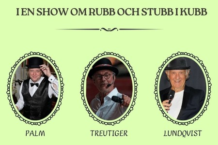Tre personer i scenkläder med mikrofoner, presenterade i ovala ramar med namnen Palm, Treutiger och Lundqvist.