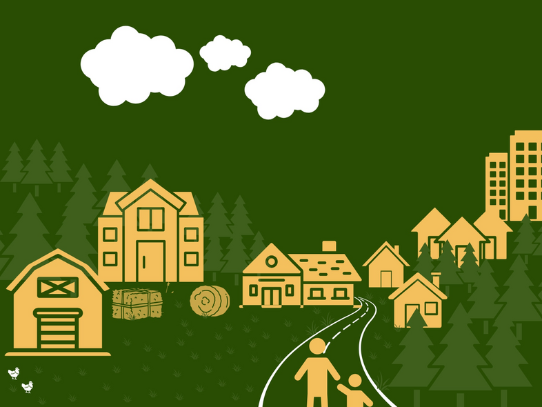 Illustration av en lantlig by med hus, ladugård, skog, väg och två personer, samt stad i bakgrunden.