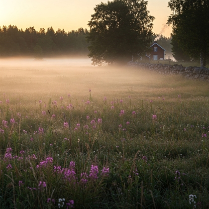 Dimhöljd äng med rosa blommor i gryningen, träd och ett rött hus i bakgrunden.