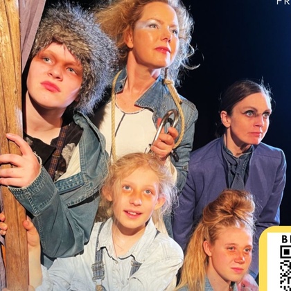 Affisch för teaterföreställningen Lilla Stormen med fem personer i kostym och information om datum och plats.