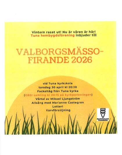 Affisch för Valborgsmässofirande 2026 i Tuna med information om aktiviteter och tid.