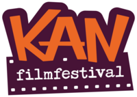 Logotyp för KAN filmfestival med stora orange bokstäver och filmremsa i lila och vitt.